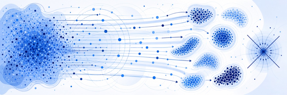 ORW-CFM-W2 concept: noise flowing into diverse data clusters